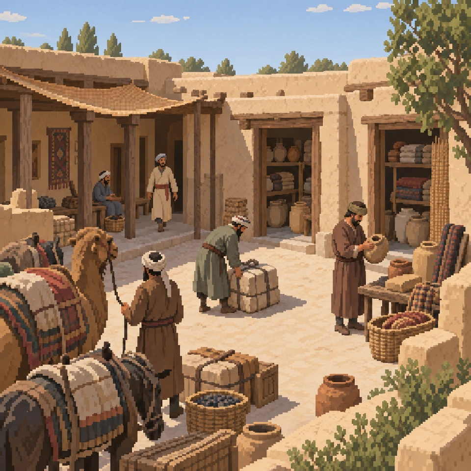 Qadimgi shahardagi yo‘lak va xo‘jalik xonalari bo‘lgan hovlining badiiy tasviri