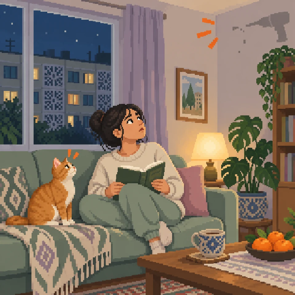 A resident and her cat hear renovation noise in a Tashkent flat