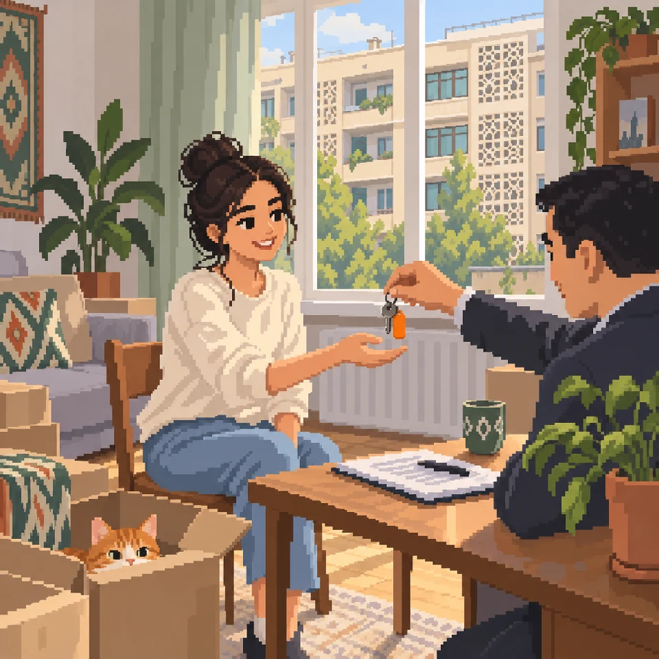 Keys being handed over in a Tashkent flat, with a cat peeking from a moving box
