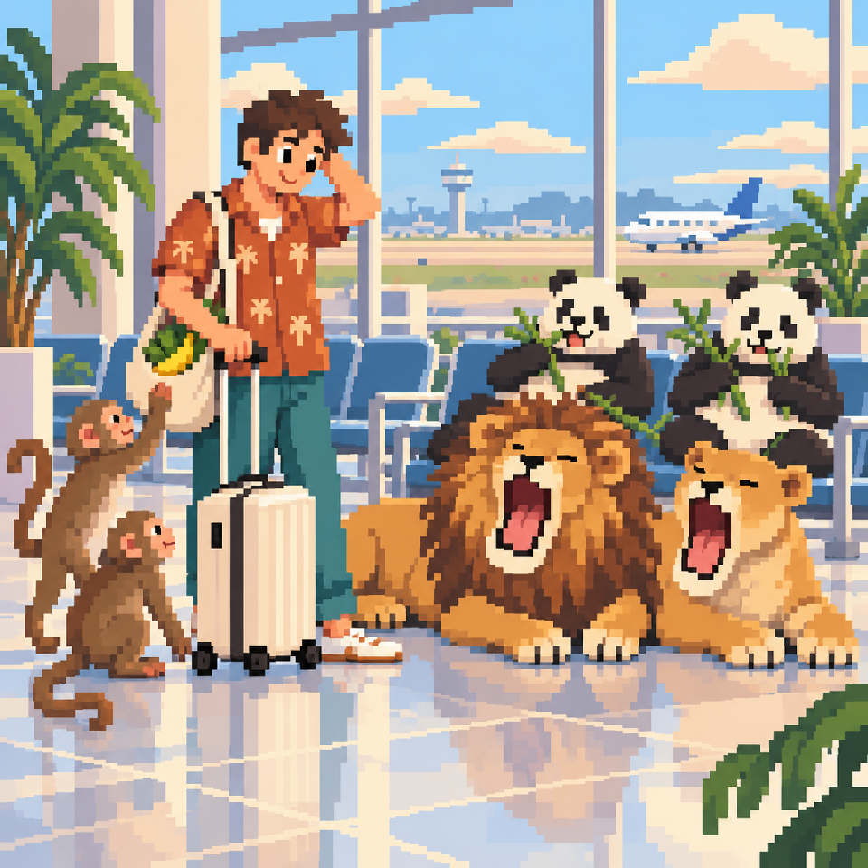 An imaginary airport scene with a traveller, two yawning lions, pandas and macaques