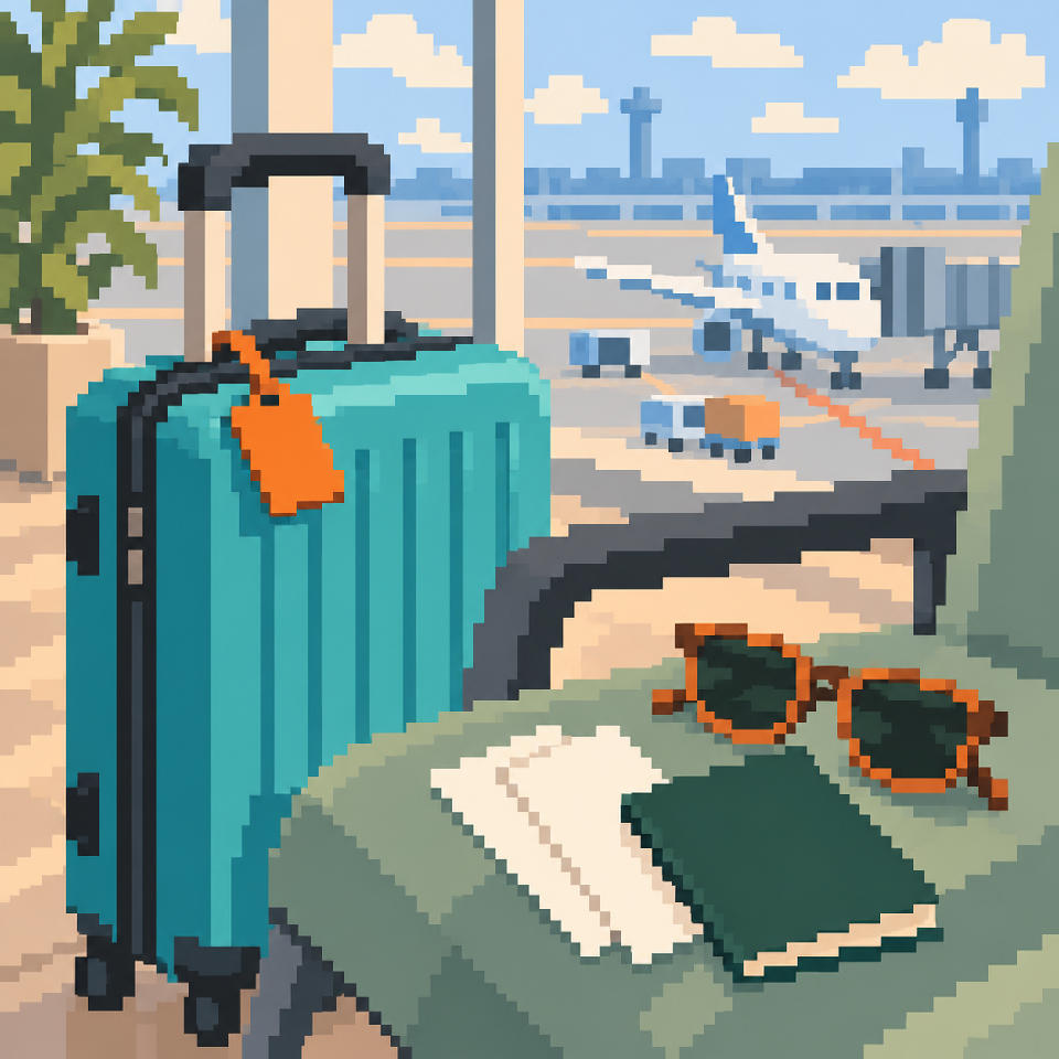 A suitcase, closed passport and travel documents beside an airport window