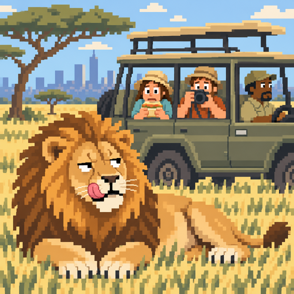 A lion in Nairobi National Park, with a safari vehicle and the city in the distance
