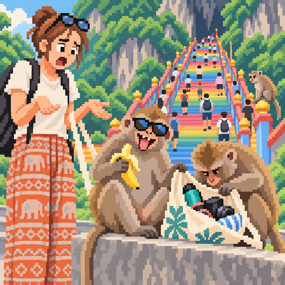 Macaques inspecting a baffled tourist’s bag beside the colourful Batu Caves staircase
