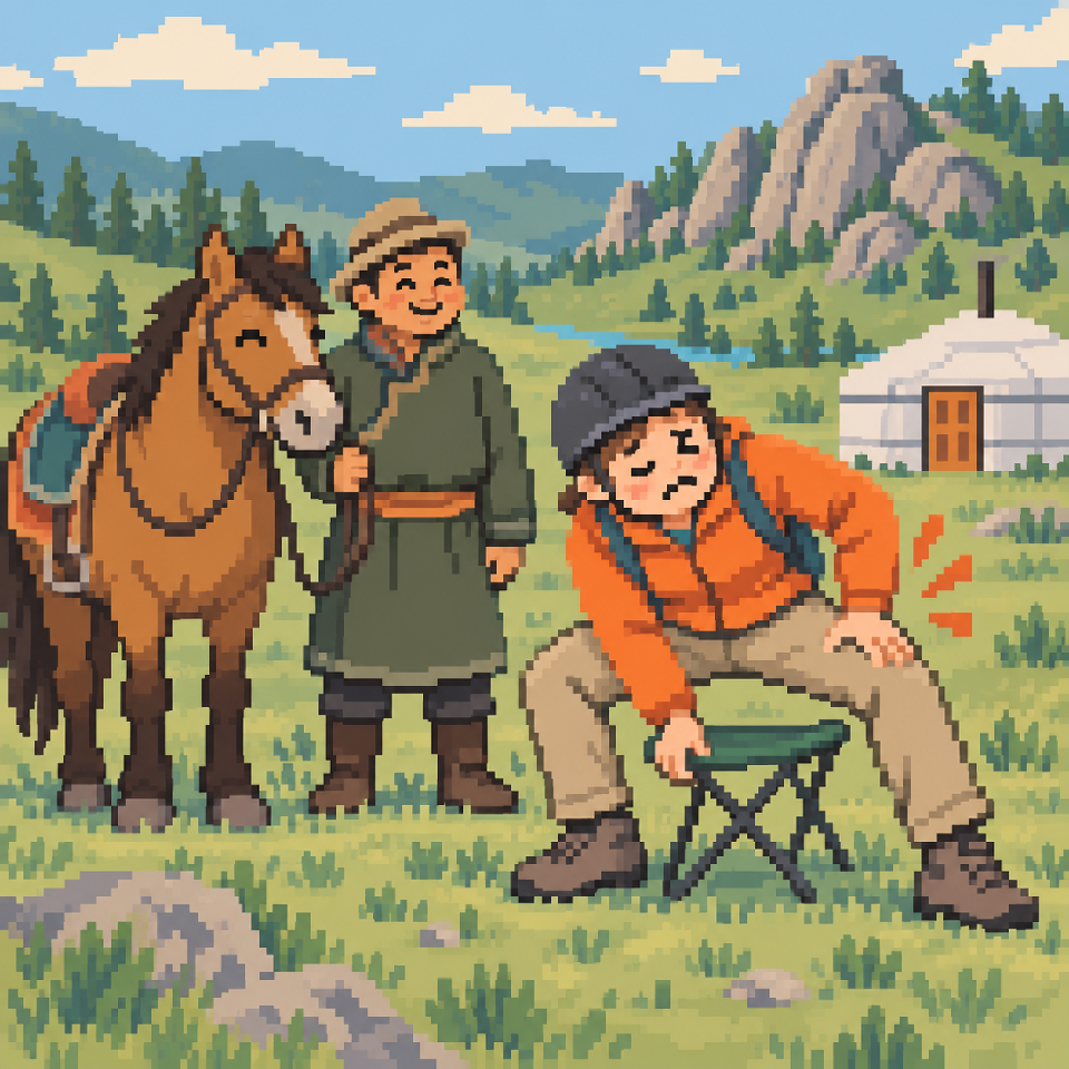 A novice rider cautiously attempting to sit down while a calm horse stands nearby