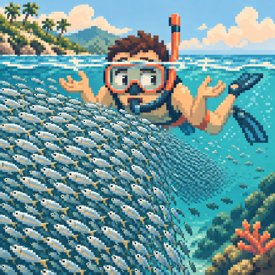 A snorkeller caught in the underwater rush hour of a dense sardine shoal