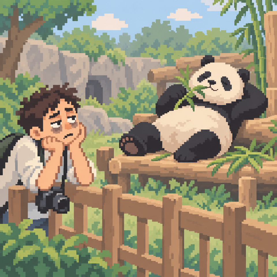 A tired tourist looking enviously at a reclining panda
