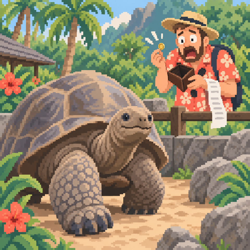 A tourist inspecting an empty wallet beside a relaxed giant tortoise