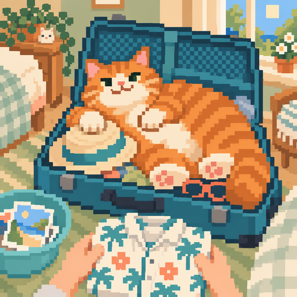 A ginger cat settled into an open suitcase among the holiday clothes