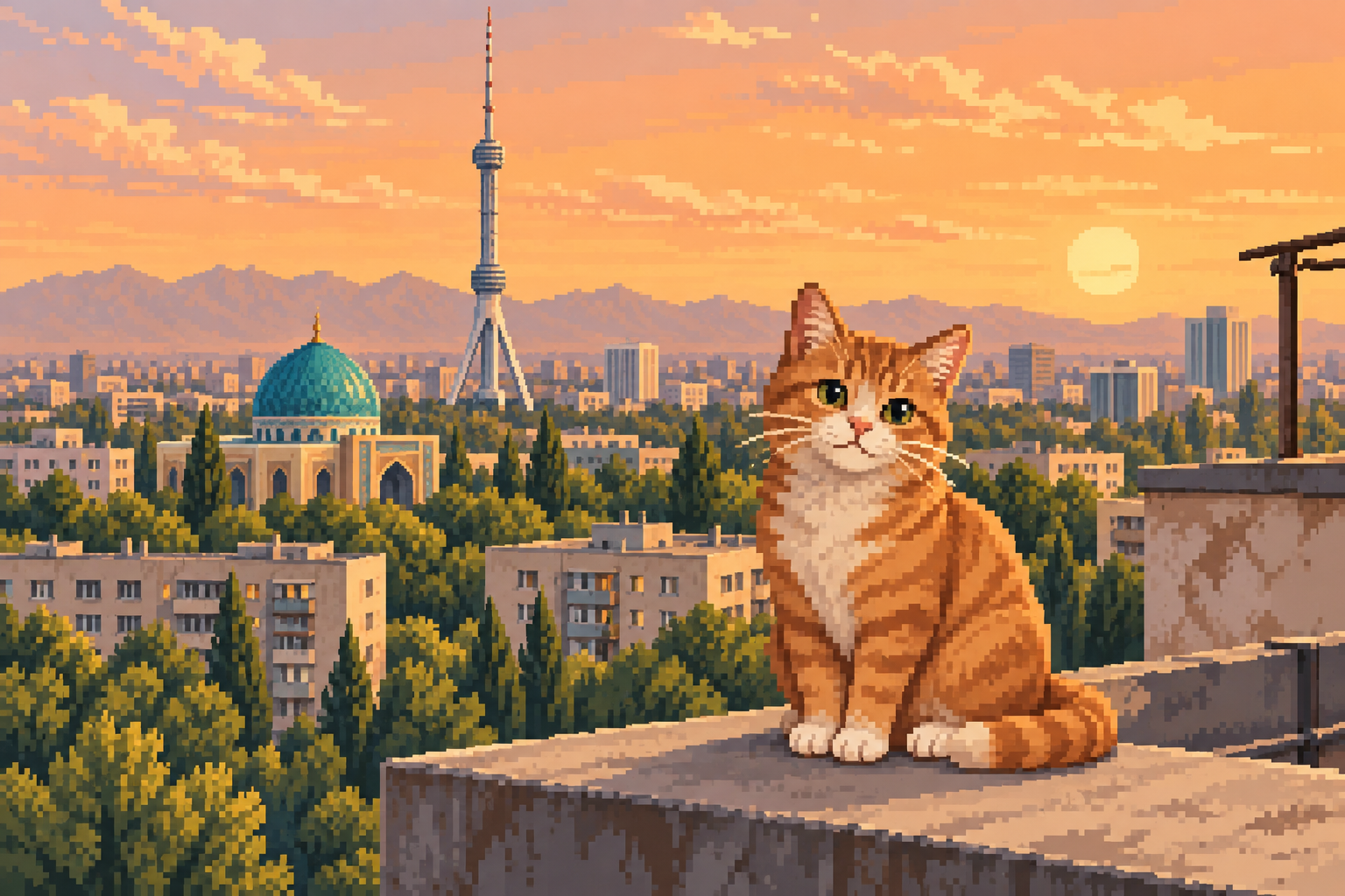 Пиксельный рыжий кот на крыше на фоне ташкентской телебашни, городских домов и зелёных деревьев